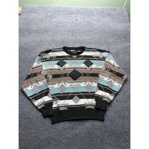 Vintage Impact Sweater Mens Medium Multicolor Aztec Knit Leather Trim Tribal 90s